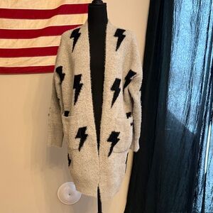 Cozy Gray Cardigan with Black Lightning Bolts